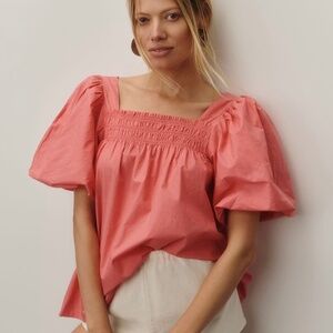 Maeve square smocked elastic neckline, puffed bubble sleeves top